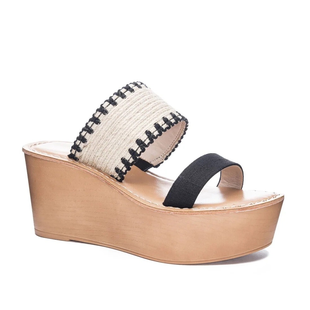 Chinese Laundry Wind Slide Wedge Sandal Natural Beige Black Women 6.5 NEW